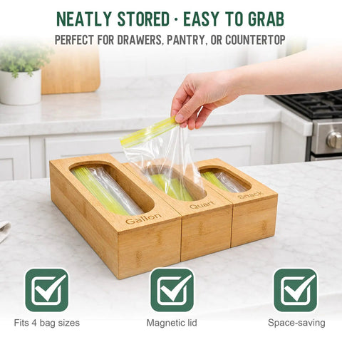 Premium Bamboo Kitchen Drawer Organizer With Five Slots For Snack Quart And Gallon Bags Plus Foil And Wrap Holder, storing bags.