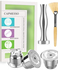 OriginalLine Compatible Reusable Stainless Steel Coffee Capsules For OriginalLine Machines 3 Pod Set With Creamy Brew Version Includes Tamper Brush And Scoop Rust Resistant Plastic Free Healthier Money Saver next to packaging and brush.