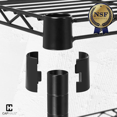 Top Shelf Heavy Duty 5 Tier Wire Shelving Rack With Smooth Rolling Wheels And Quick Adjust Leveling Feet For Tough Kitchen Or Shop Setup Game Changer parts showing black connectors and adjustable feet.