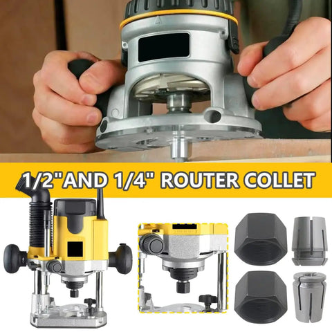 Upgraded Dual Size Collet Kit With 1/2 Inch And 1/4 Inch Collets For Dewalt DW618B3 And MRC23EVSK shown with router