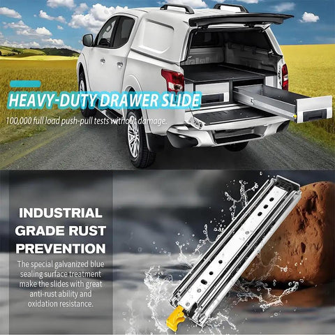 Truck with open tailgate showing Beefy Heavy Duty Drawer Slides With Lock And Full Extension Ball Bearing Rails, 500 lb capacity