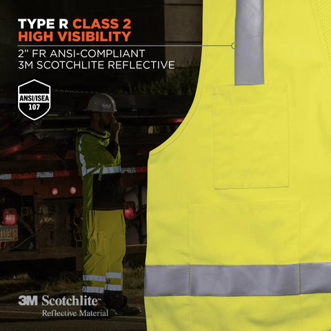 GloWear 8262FRZ Flame Resistant Hi Vis Safety Vest with Reflective Strips, lime green, solid front detail, ANSI ISEA 107-2020