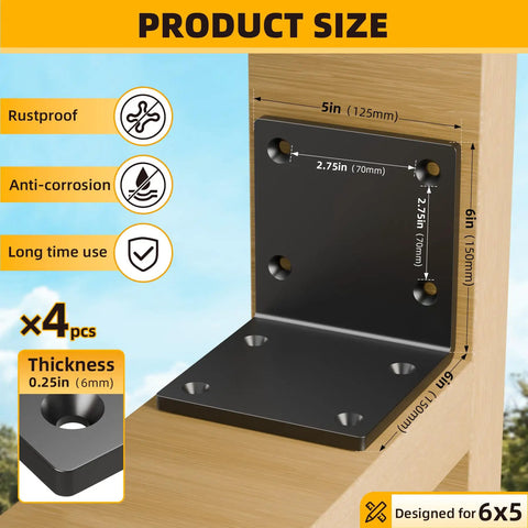 Heavy Duty Corner L Brackets For Wood Framing 4 Pack Solid 6X6 Steel Mounts With Rust Proof Black Coating And Smooth Edges product size diagram