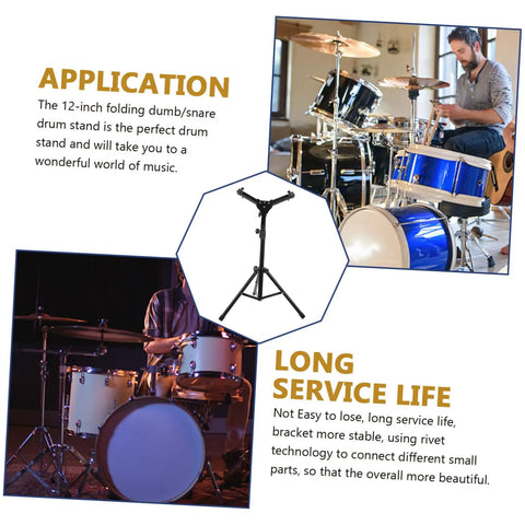 Hella Sturdy 12 Fold Snare Drum Stand Rack With Heavy Duty Accessory Holder For Practice Pads And Gear Compact Road Ready Top Shelf Black Finish showcasing the stand with drums.