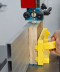 Grr-Rip Block 3D Pushblock System For Table Saws, Smart Pushblock in use on bandsaw guiding wood for precise cut, yellow handle visible