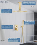 Brushed Nickel Ceiling Mount Rainfall Shower Head System With 10 Inch Square Head, Two Function High Pressure Shower Combo, Rough In Valve, Brass Handheld Shower Faucet Set shown installed in a modern bathroom with detailed features highlighted.