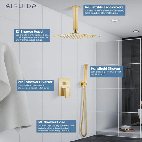 Brushed Nickel Ceiling Mount Rainfall Shower Head System With 10 Inch Square Head, Two Function High Pressure Shower Combo, Rough In Valve, Brass Handheld Shower Faucet Set shown installed in a modern bathroom with detailed features highlighted.