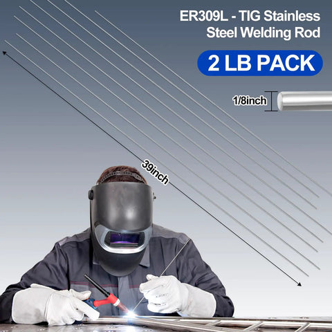 ER309L One Eighth Inch TIG Welding Rod 39 Inch Stainless Steel Filler Wire 2 Pound Boxed High Strength Corrosion Resistant Weld Wire for Industrial Equipment and DIYers shown with a welding helmet and torch