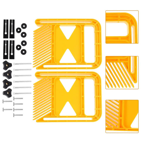 Road Warrior Woodworking Featherboard Safety Guide For Table Saw Extended Yellow Hold Down Jig, featuring ergonomic knobs and mounting accessories.