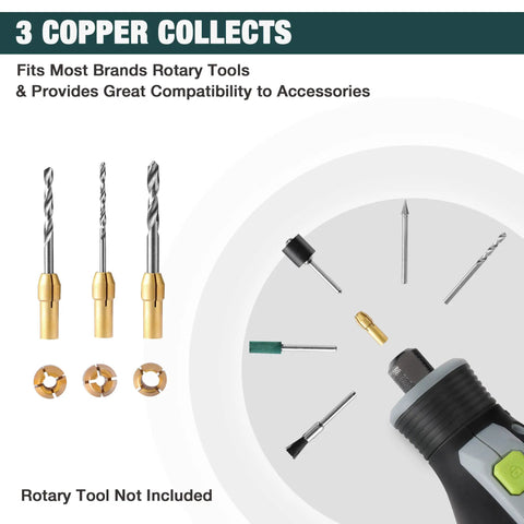 306 Piece Rotary Tool Accessories Kit With Storage Case For Cutting, Sanding, Grinding, Carving, Polishing, Drilling And Engraving - Universal Fit For Dremel And One-Eighth Inch Shank Tools displayed with copper collets and drill bits. Rotary tool not included.