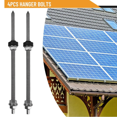 M10 Hanger Bolts Kit With EPDM Seal For A2 Stainless Locking Nut And Adapter For Solar Panel Roof Mounting System Silver 250mm Length 4 Pack Durable Weatherproof Components For Easy Installation with rooftop solar panels in background