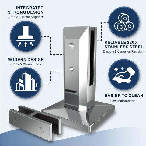 Top Tier Frameless Tempered Glass Railing Kit For Outdoor Decks, 44 Inch Height, Heavy Duty Stainless Steel Rails close-up of T-base support system.