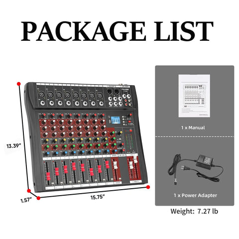 Package list for 8 Channel DJ Audio Mixer With Bluetooth 5.0, USB Recording, MP3/USB Playback, Built-In Reverb, 48V Phantom Power
