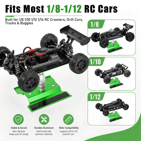 Adjustable Aluminum RC Car Repair Stand With 360 Degree Rotation holding 1/8 scale RC car, showing compatibility with various scales.