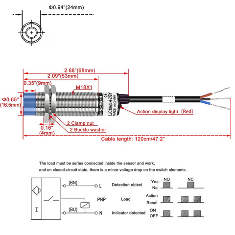 Diagram of Capacitive M18 Proximity Sensor Switch Non Shield Type PNP NO For Dielectric Objects 10mm Sensing Distance 10 30V DC 200mA 3 Wire Output, showing dimensions and wiring.