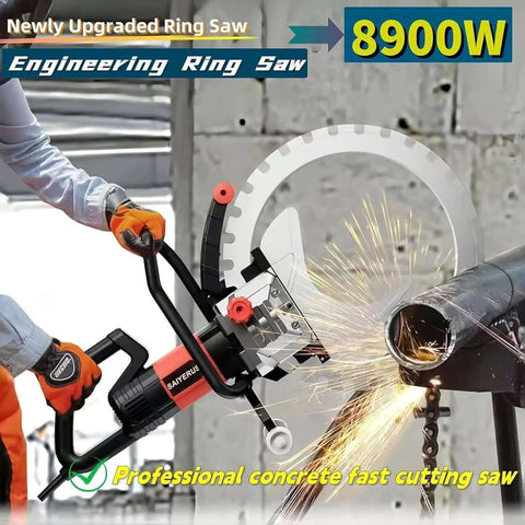 Badass Yet Precise Brushless Concrete Ring Saw With 8900 Watt Drive Motor, Water Powered Dust Scrubber, Pro Grade Titanium Alloy Blade For Clean Fifty Centimeter Cuts, cutting through metal with sparks.