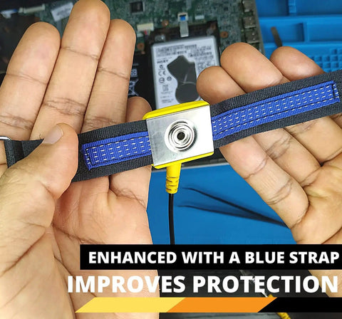Hands holding ESD Anti Static Wrist Strap Band Long Earthing Wristband Grounding Bracelet with blue strap and clip.