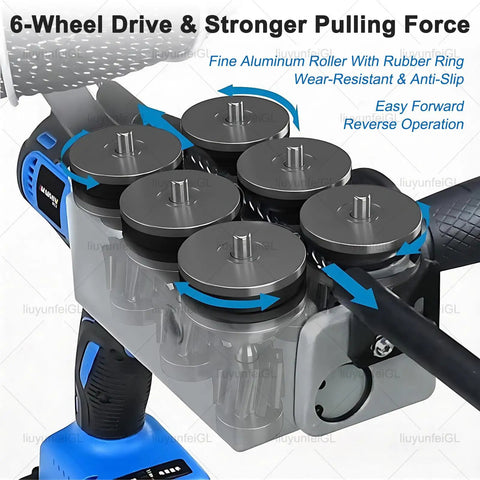 Close-up view of Heavy Duty 21V Brushless Wire Tugger with 6 Wheel Drive, showing fine aluminum rollers and anti-slip design.