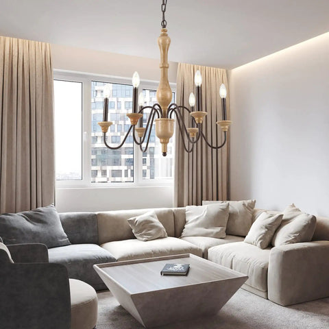 Farmhouse Chandelier With 6 Lights, Wood Rustic Candlestick Pendant Light in modern living room, French Country Vibe