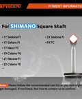 Fitment information for Locked Type Power Handle Square Shaft For Shimano Spinning Reels Aluminum 58mm Handle 33mm Knob.