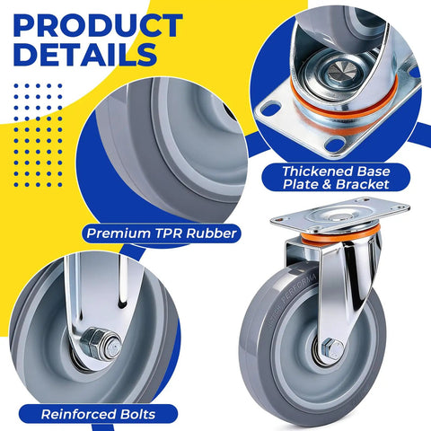 Product details of Badass Ultra Heavy Duty 8 Pack 5 Inch Caster Wheels Replacement Kit With TPR Rubber Swivel, showcasing reinforced bolts and thickened base.