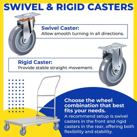 Swivel and rigid caster options for better mobility with Badass Ultra Heavy Duty 8 Pack 5 Inch Caster Wheels Replacement Kit.