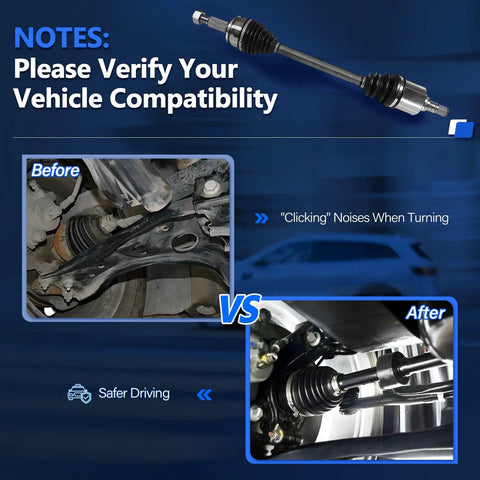 Front AWD CV Axle For Nissan Rogue 2014 Through 2020 Left And Right Pair Driver And Passenger Sides Direct Fit Drop In Replacement 2.5L Models Strong CV Joint Assembly installed on front AWD suspension