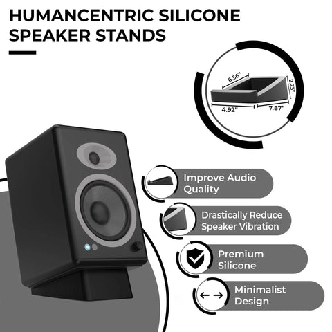 Angled Desktop Speaker Stands With Anti Slip Silicone Wedges For Medium Speakers, shown with dimensions and speaker on stand.