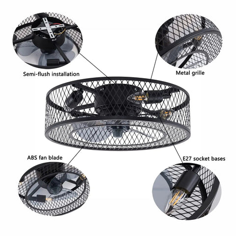 Industrial 18 Inch Ceiling Fan Light Kit With Remote, 3-speed adjustable, black iron mesh, E27 base, semi-flush details