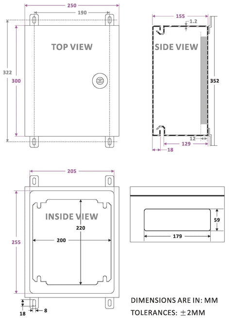 Technical drawing showing dimensions of IP65 Weatherproof Metal Wall Mount Enclosure Box For Electrical Controls, NEMA 4 rated