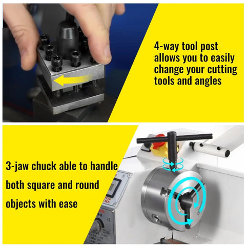Mini Metal Lathe Machine 1100W With 220mm Swing Over Bed And 750mm Between Centers Variable Speed Digital Display showcasing 4-way tool post and 3-jaw chuck.