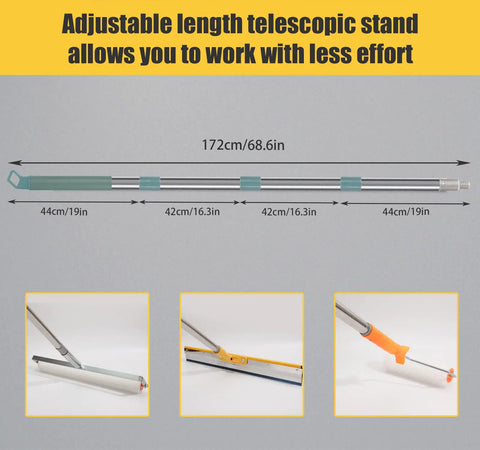 Pro Grade Self Leveling Concrete Tool Kit With Adjustable Extension Pole for easy cement leveling shown with dimensions.