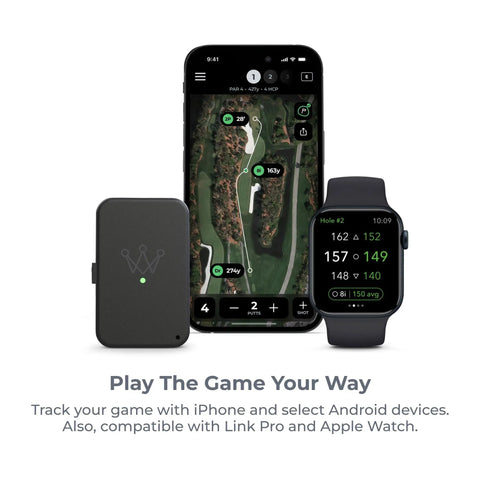 Smart Golf Sensors System With Automatic Game Tracking AI Caddie AI GPS Rangefinder And Smart Club Distances shown on devices