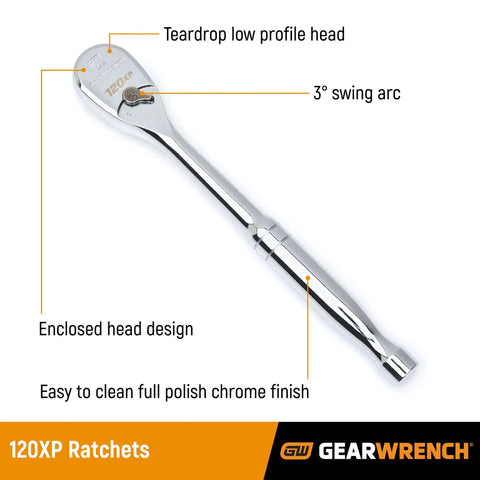 Close-up of 120XP ratchet with teardrop low profile head and full polish chrome finish, part of the 51 Piece One Quarter Inch Drive Six Point 120XP Mechanics Tool Set Standard And Deep Sockets SAE And Metric With Ratchets Extensions And Accessories For Pros And DIY Home Repairs.