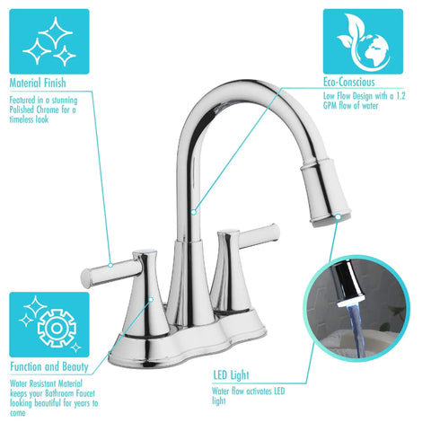 Lit Water Powered LED Light Bathroom Faucet With High Arc And Two Handles Polished Chrome Finish Modern Sink Tap, labeled features