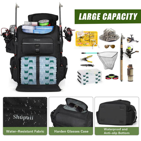 Large Fishing Backpack With Rod Holders, Waterproof 45L Tackle Box Pack open with fishing gear and dry compartments shown