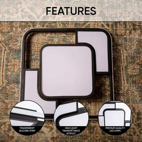 Slick 62W LED Flush Mount Ceiling Light With Remote Control, black square frame on patterned background, feature highlights