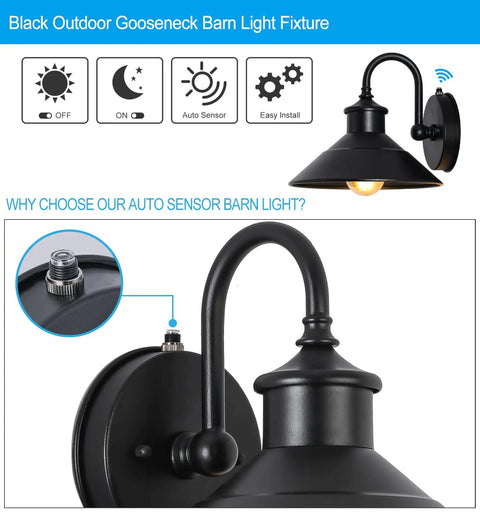 Dusk To Dawn Outdoor Barn Light Gooseneck Fixture Waterproof And Rust Resistant detail with light sensor and E26 base.