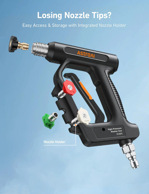 Black short pressure washer gun with swivel, 4060 PSI max, built-in nozzle holder, visible nozzles, quick-connect fittings.