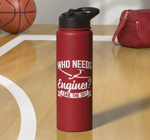 Red stainless steel insulated water bottle for sailplane pilots and glider enthusiasts on a basketball court