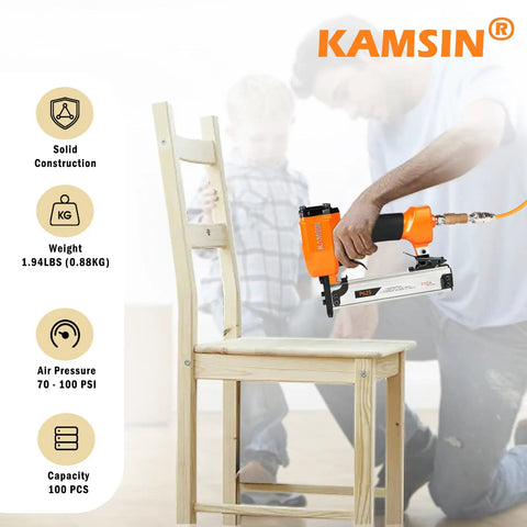 Ultra Lightweight 23 Gauge Pneumatic Pin Nailer For Cabinet And Door Install in action assembling a wooden chair.