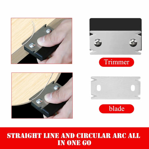 Mini Edge Banding Trimmer With 5pc Replaceable Blades for woodworking edges precision, showing blade components and use.