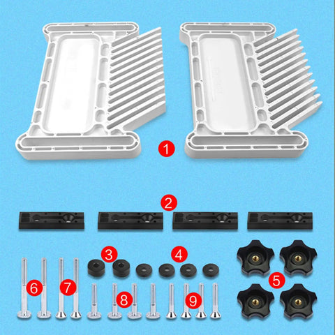 Image of Snag This Adjustable Abs Featherboard For Hardwood Projects with components like rails, screws, and knobs for woodworking.