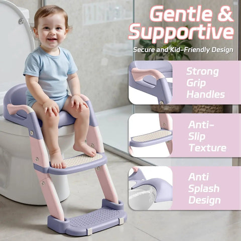 Game Changing 3-In-1 Toddler Potty Training Seat And Foldable Potty Chair With Step Stool, Adjustable Height For Little Champs, No Fuss Cleanup, Ultra Comfy Bathroom Helper Pink Purple, child using seat with strong grip handles.