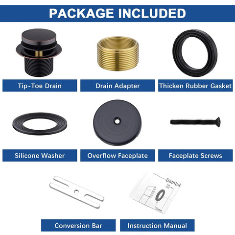 Package contents for Oil Rubbed Bronze Brass Tub Drain Kit With Overflow, including parts and instruction manual.