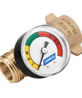 Camco brass water pressure regulator with gauge, front view; color-coded dial (green/yellow/red) and threaded inlet.