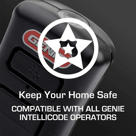 Close-up of Two-Button Led Flashlight Garage Door Opener Remote With Built-In Light, showing buttons and compatibility with Intellicode.