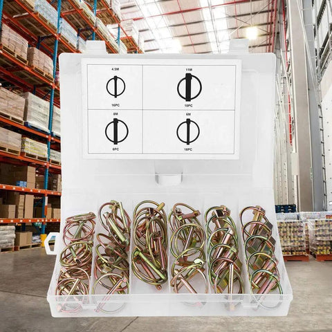 Heavy Duty Pin Assortment Kit For Farm Tractor And Trailer Fasteners In 65Mn Spring Steel Zinc Plated, box open
