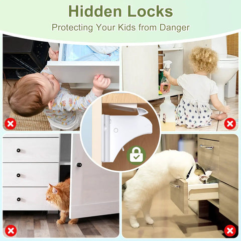Infographic of Magnetic Cabinet Locks Set 6 Pack Plus 2 Keys No Drill Baby Proofing protecting children and pets from drawer access.