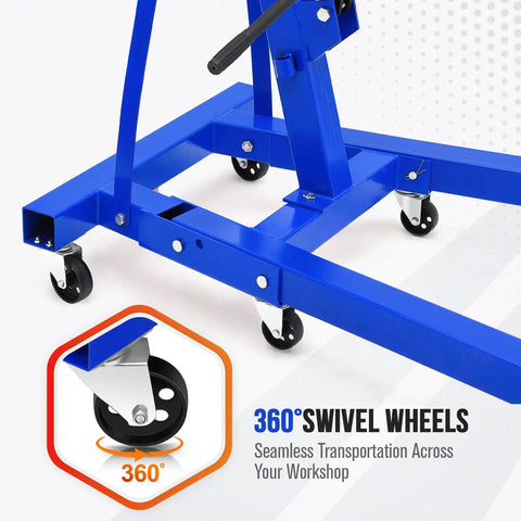 Close-up of 360-degree swivel wheels on Badass 2 Ton Hydraulic Engine Hoist With Telescopic Boom And Six Heavy Duty Swivel Casters.